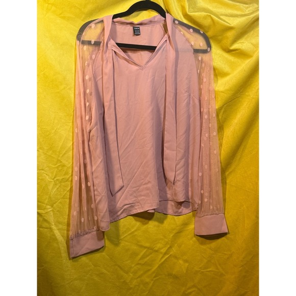 SHEIN Tops - Shein Pink Swiss Dot Sheer Mesh Sleeve Tie Neck Blouse XL Womens Top
